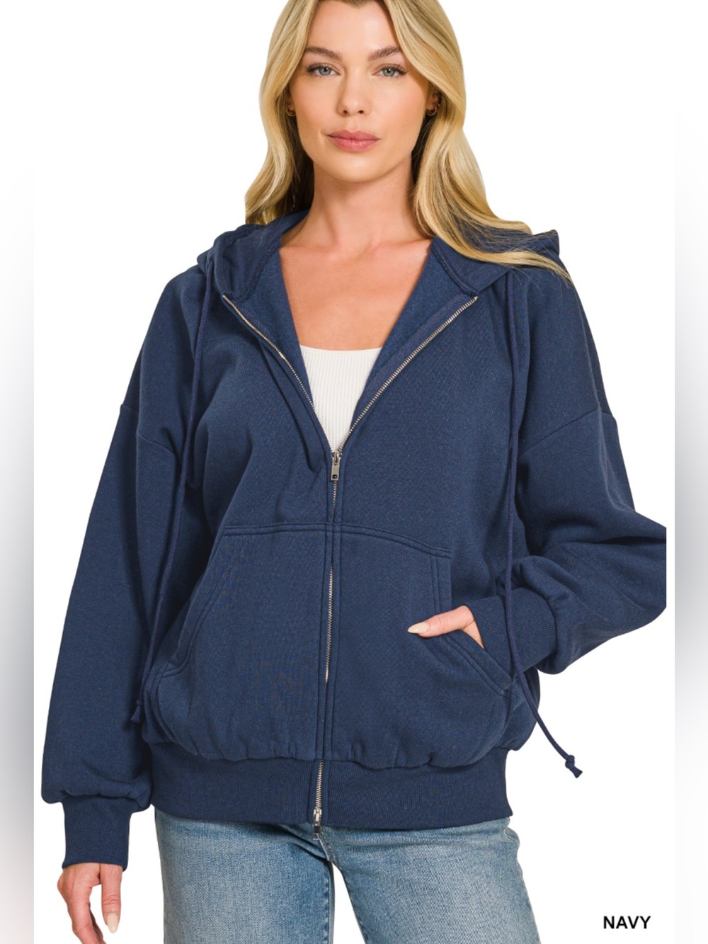 Zenana Navy Fleece Zip-Up Hoodie with Pockets
